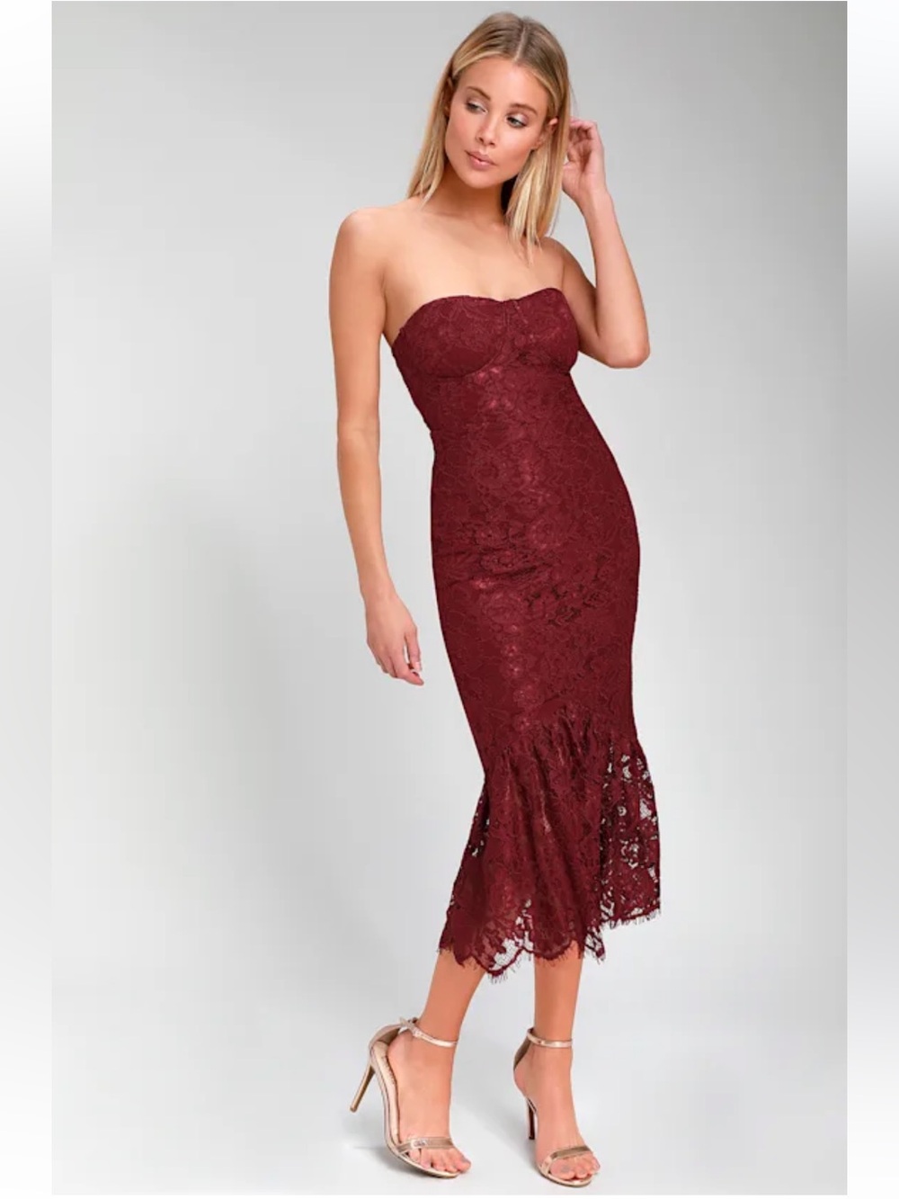 Lulu's Burgundy Maroon Lace Divine Nights Strapless Midi Dress Size Medium
